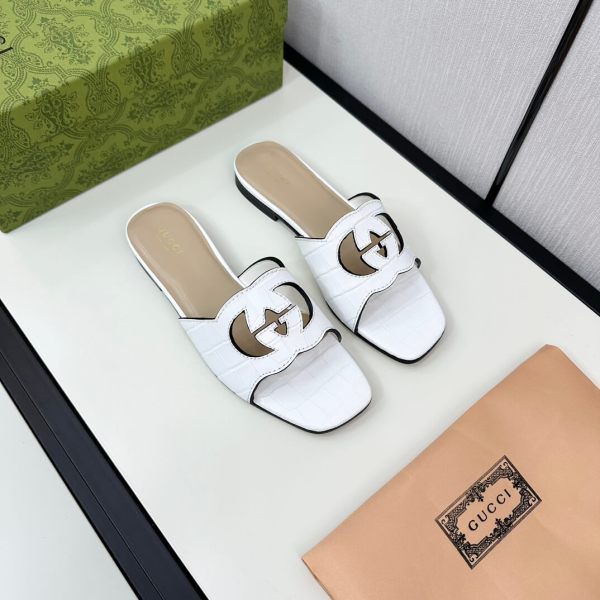 Gucci Women's White Alligator Skin Cutout Interlocking G Slide Sandal