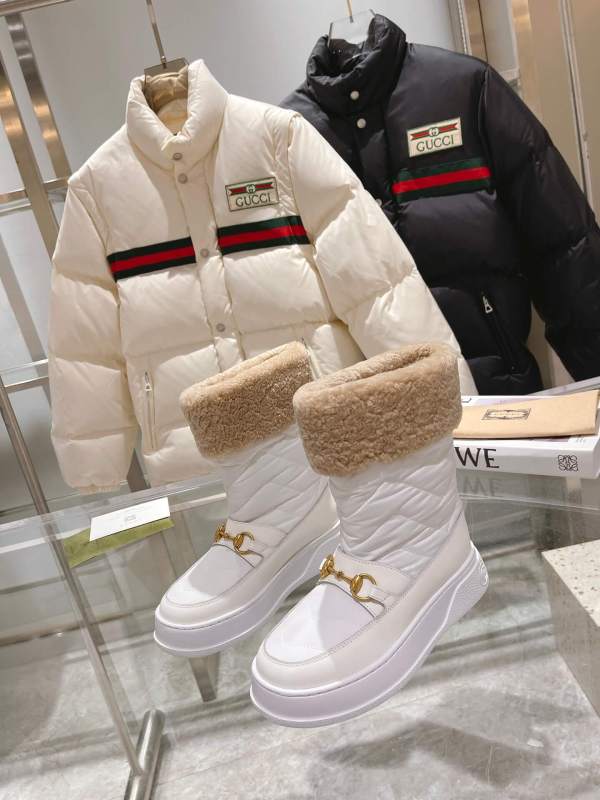 Gucci White Leather & Quilted Nylon Shearling-Lined Horsebit Snow Boot