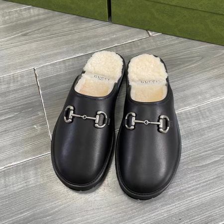 Gucci Women's Wool-Lined Black Horsebit Mules