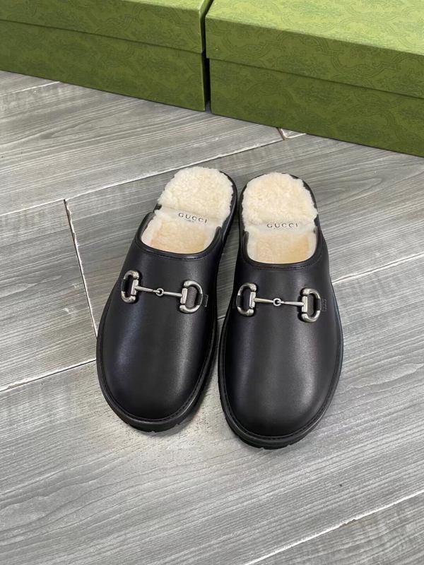 Gucci Women's Wool-Lined Black Horsebit Mules