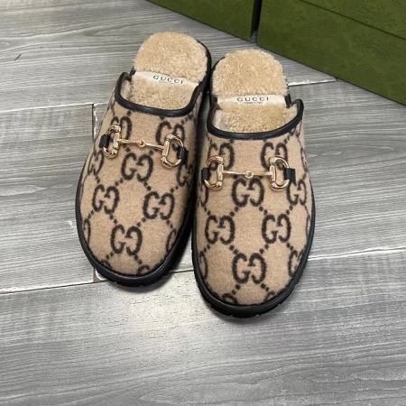 Gucci Women's Shearling-Lined Brown GG Wool Horsebit Mule