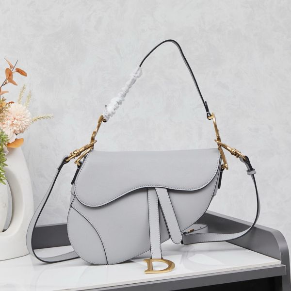 Dior Grey Grained Calfskin Leather Saddle Shoulder Bag