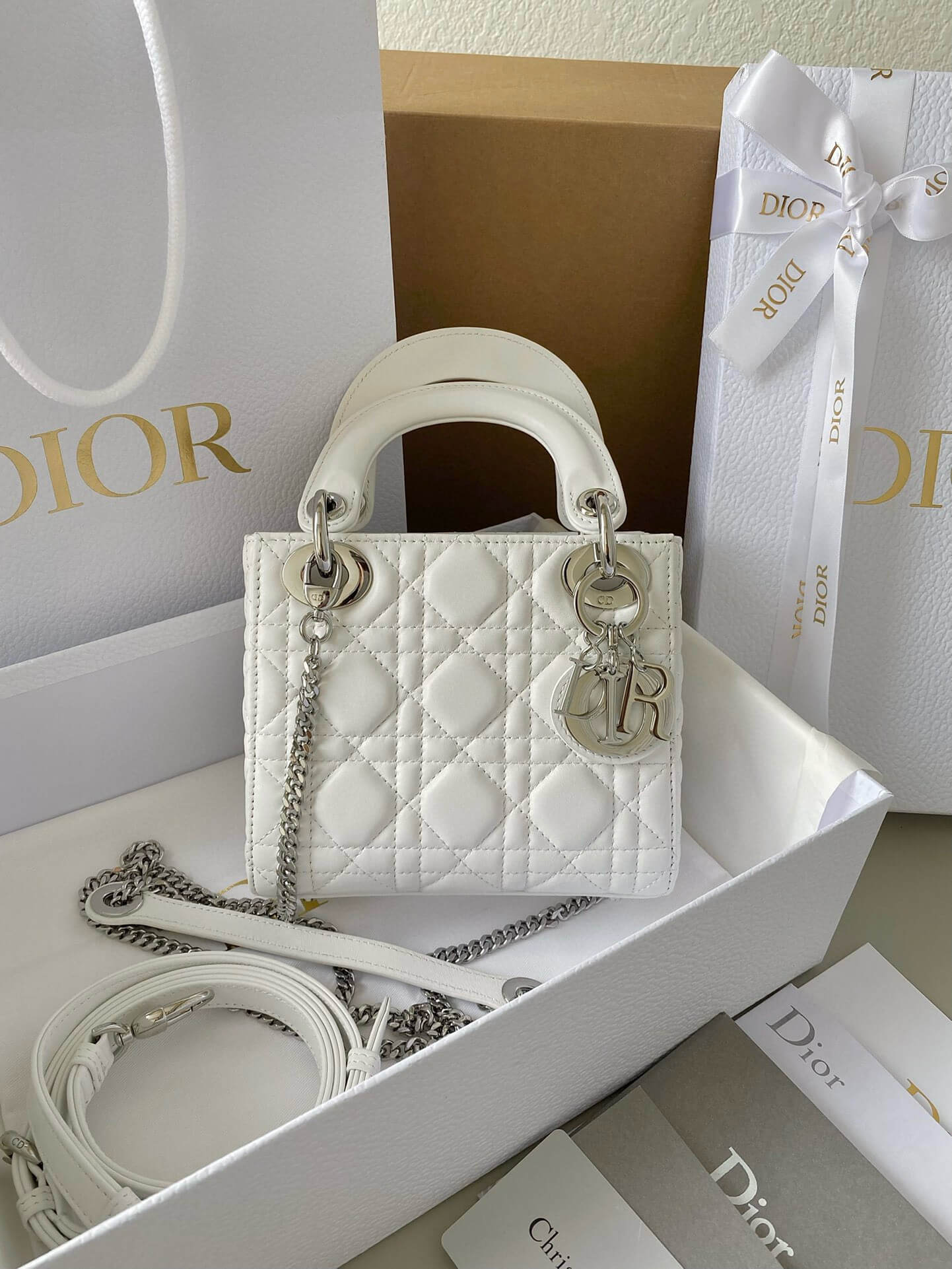 Dior White Cannage Leather Mini Chain Lady Dior Tote