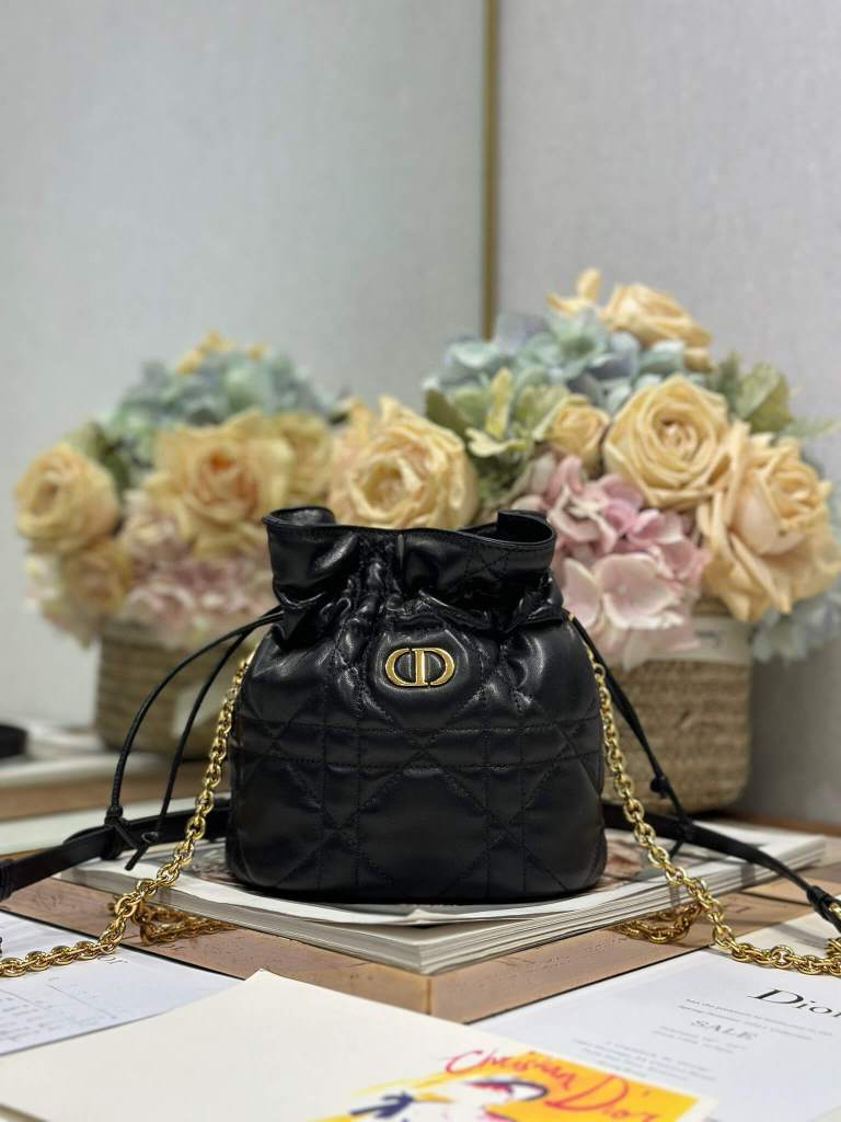 Miss Caro Mini Bucket Bag with Drawstring Black Macrocannage Lambskin
