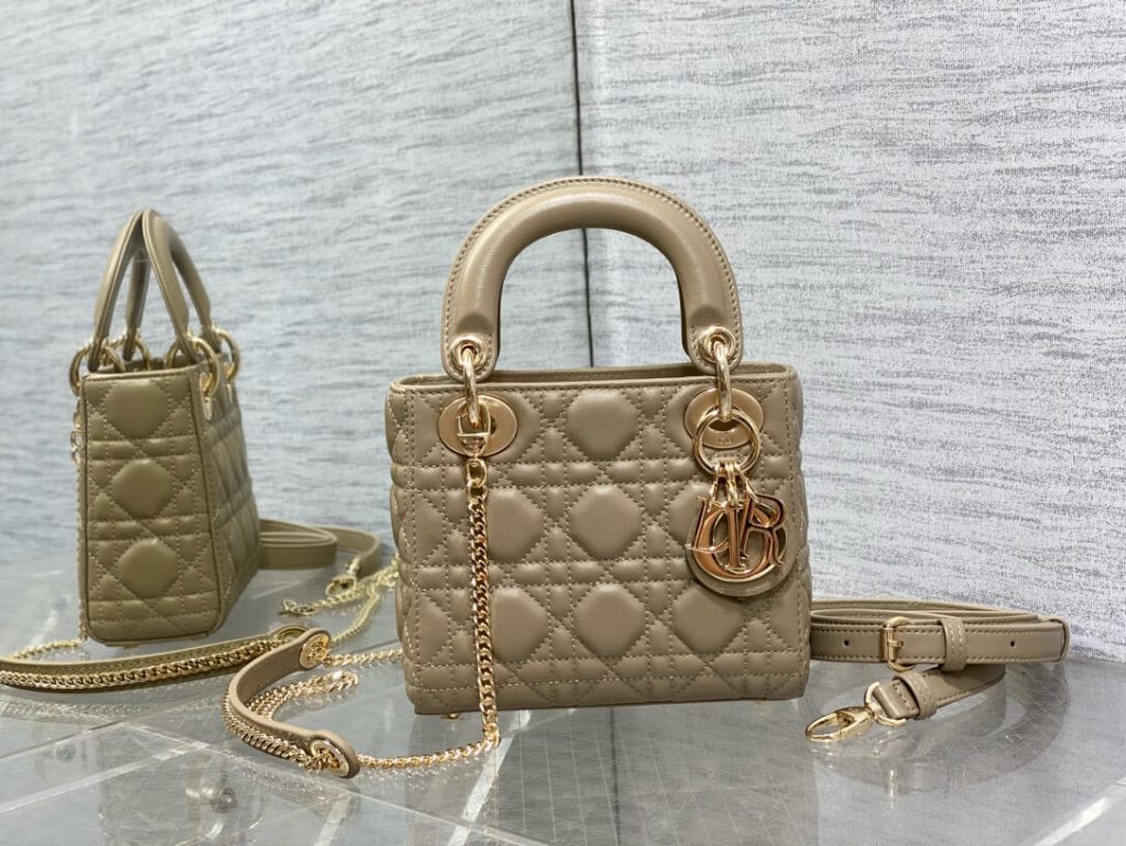 MINI LADY Pearlescent Cannage Lambskin DIOR BAG BEIGE-BROWN