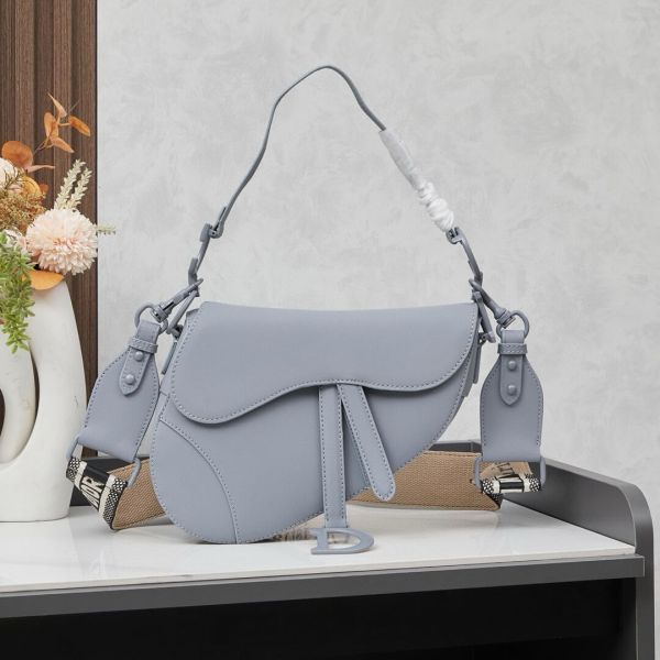 Dior Grey Grained Calfskin Leather Saddle Bag