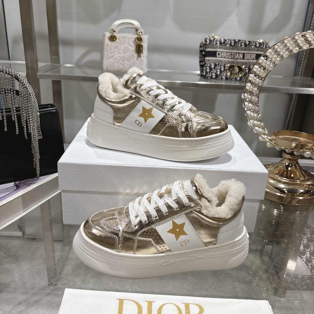 Dior Star Platform Gold & White Leather Sneakers - Image 8