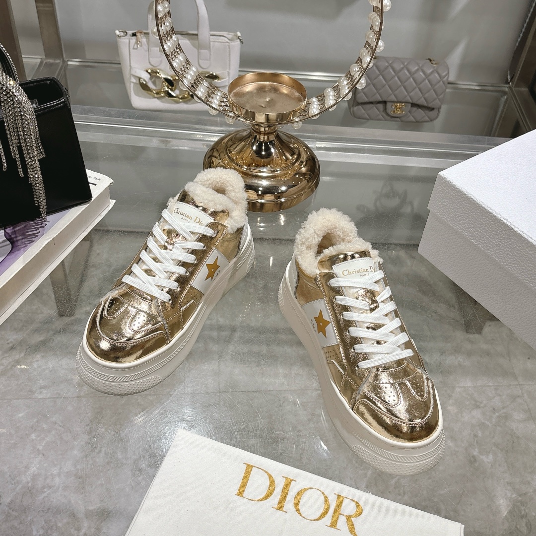 Dior Star Platform Gold & White Leather Sneakers