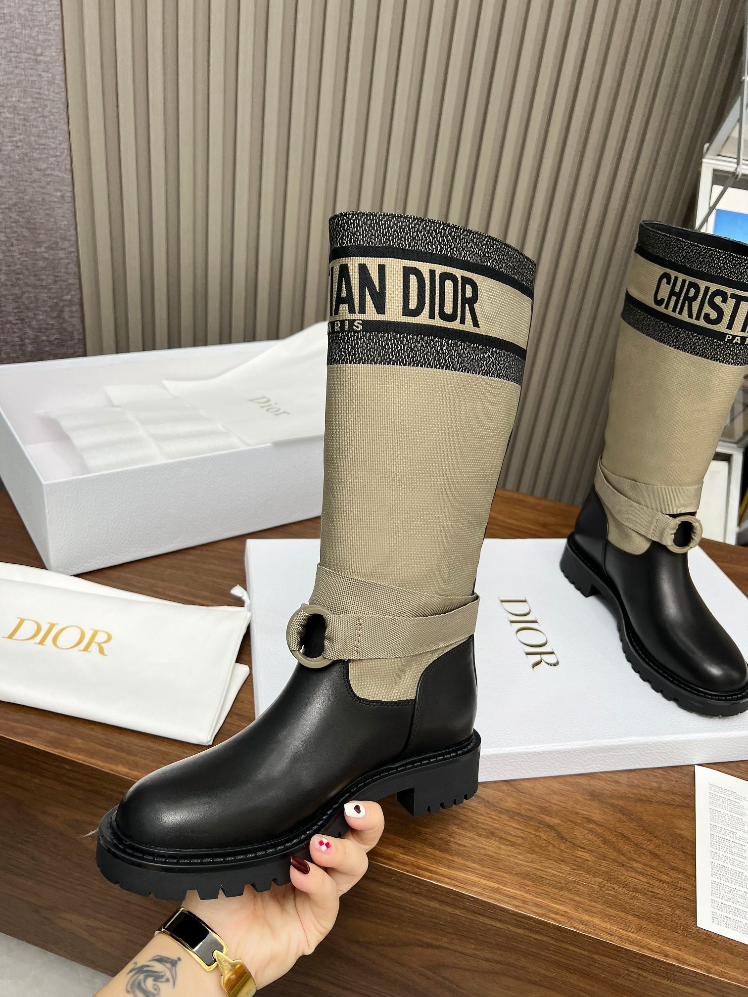 Dior D-Unit High Taupe Technical Fabric and Calfskin Boots - Image 5