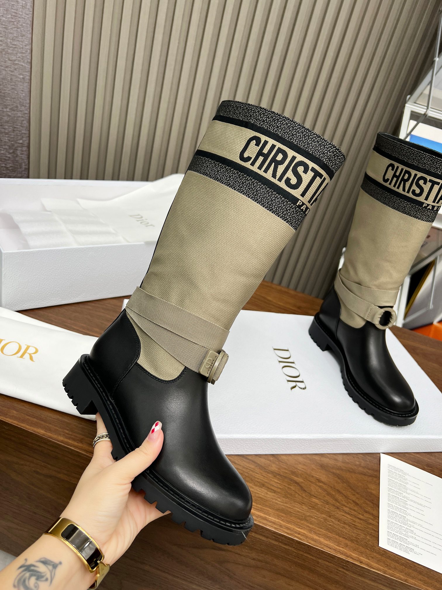 Dior D-Unit High Taupe Technical Fabric and Calfskin Boots - Image 6