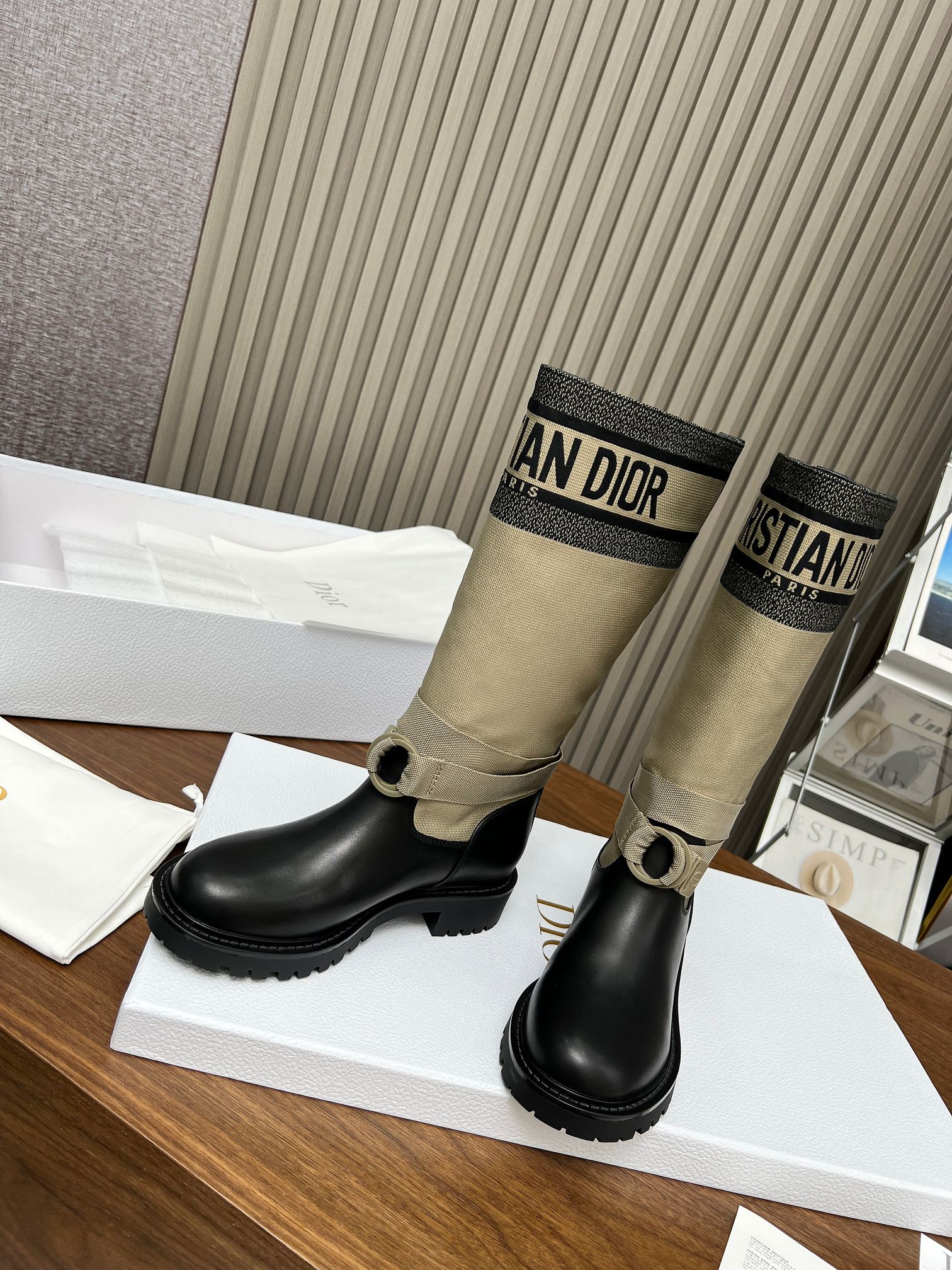 Dior D-Unit High Taupe Technical Fabric and Calfskin Boots - Image 7