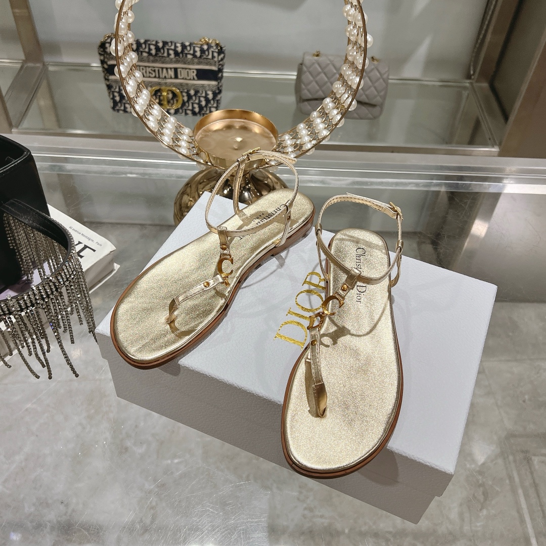Dioriviera C'est Dior Thong Sandals Gold Calfskin - Image 5