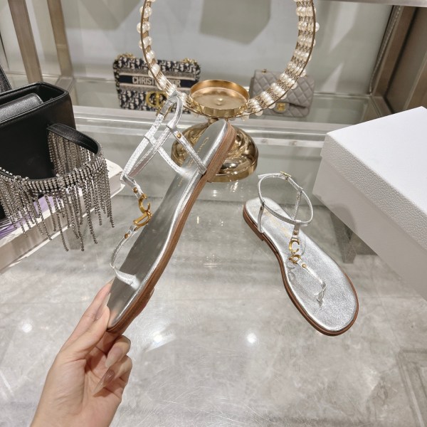 Dioriviera C'est Dior Thong Sandals Silver Calfskin.