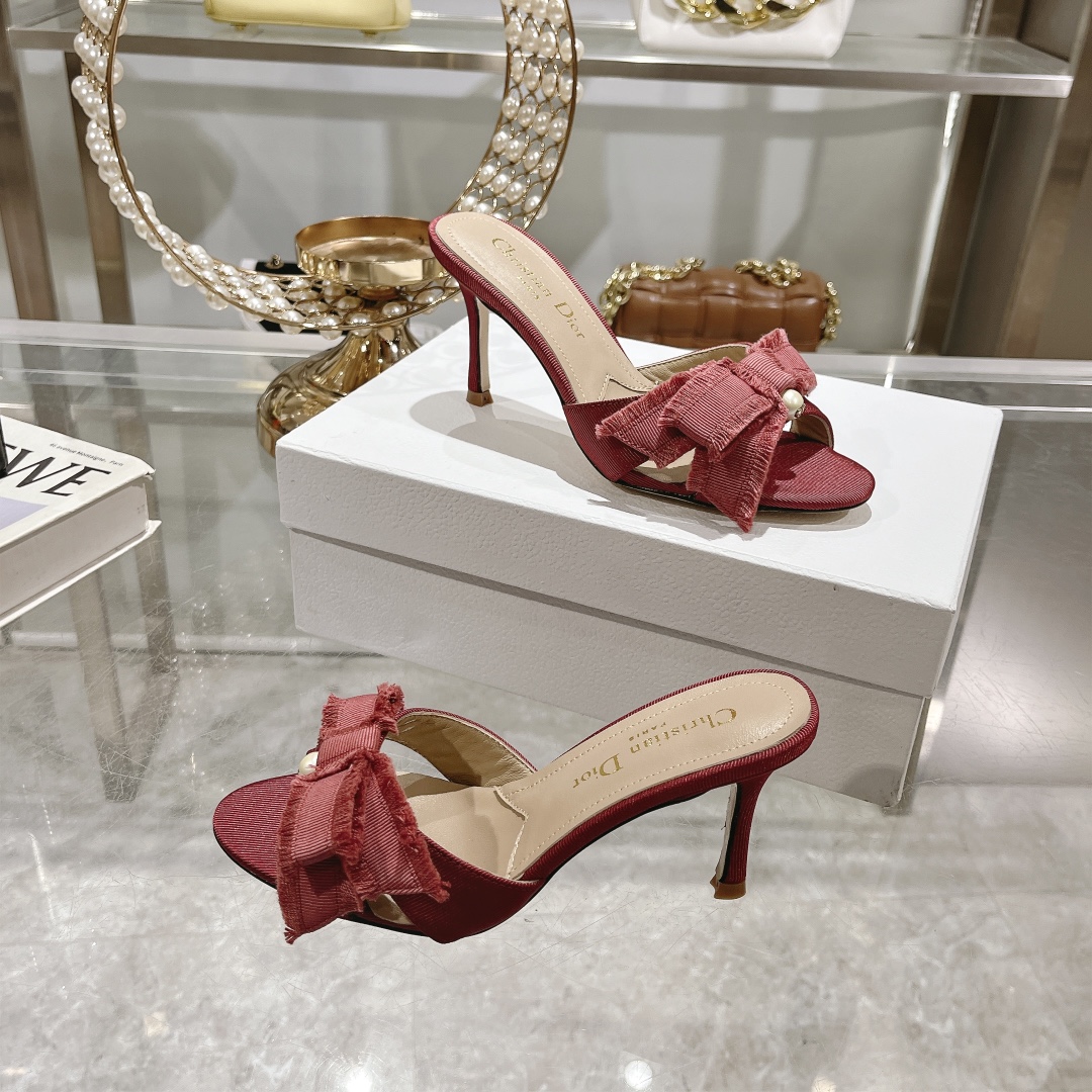 Christian Dior Red Velvet Heeled Mules with Bow Detail