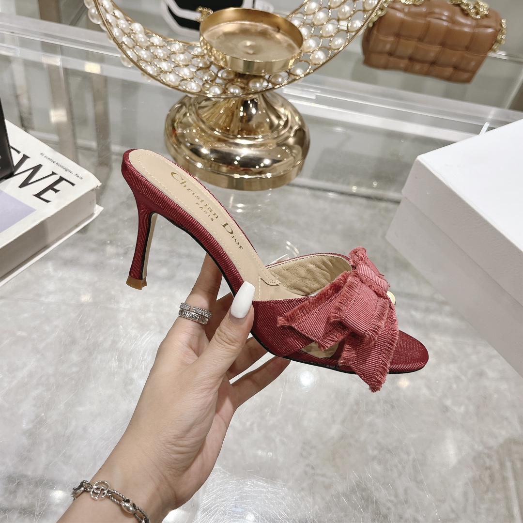 Christian Dior Red Velvet Heeled Mules with Bow Detail - Image 6