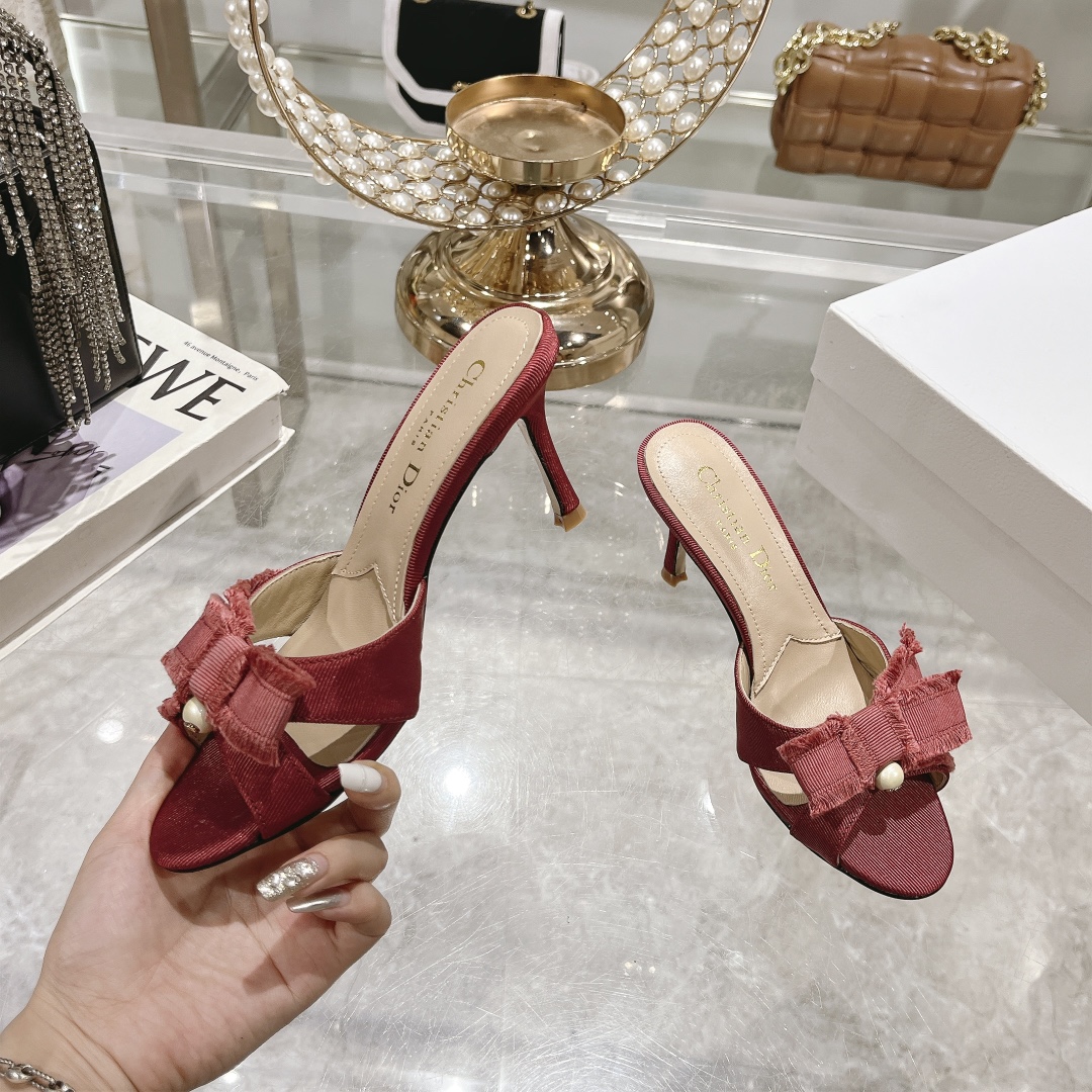 Christian Dior Red Velvet Heeled Mules with Bow Detail - Image 5