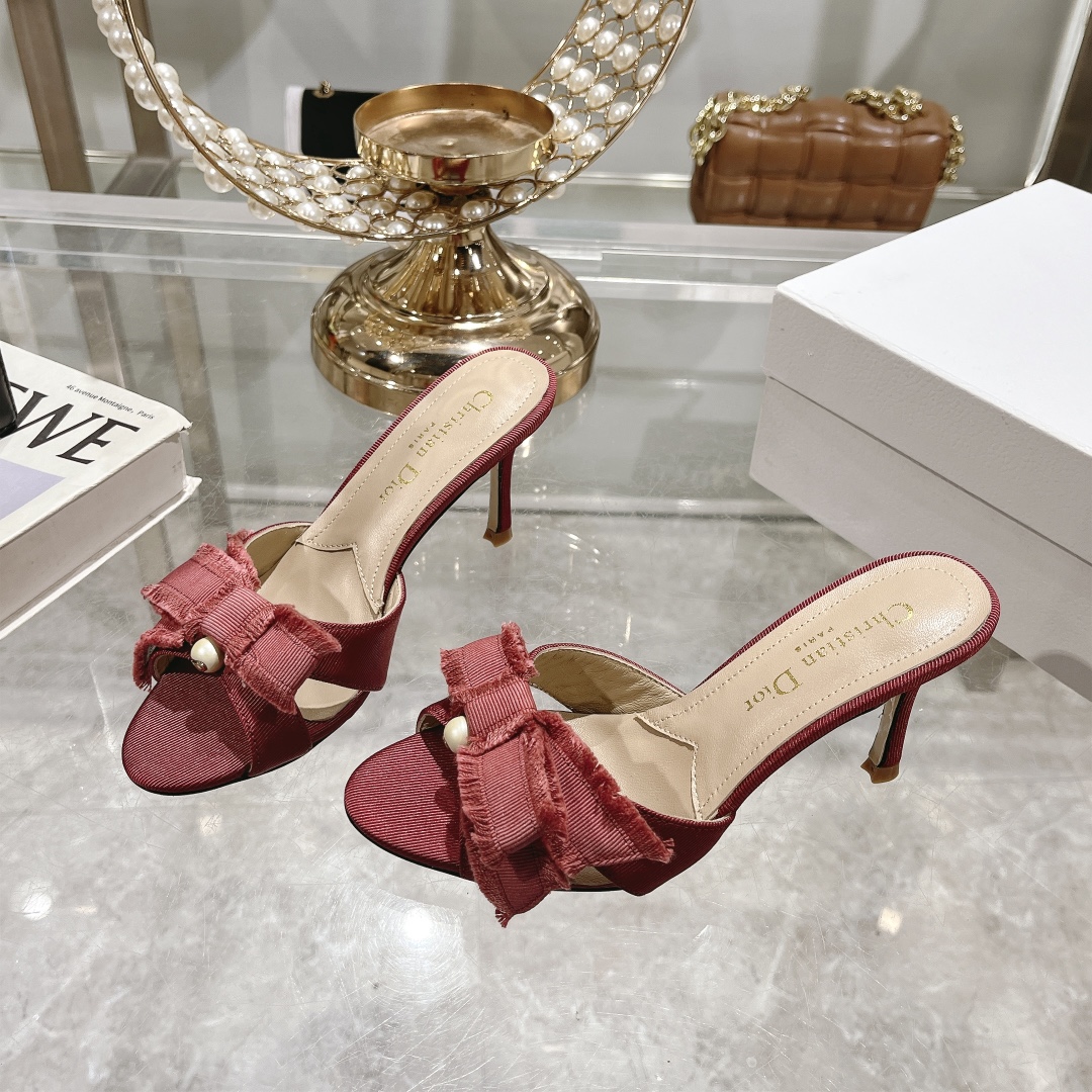 Christian Dior Red Velvet Heeled Mules with Bow Detail - Image 4