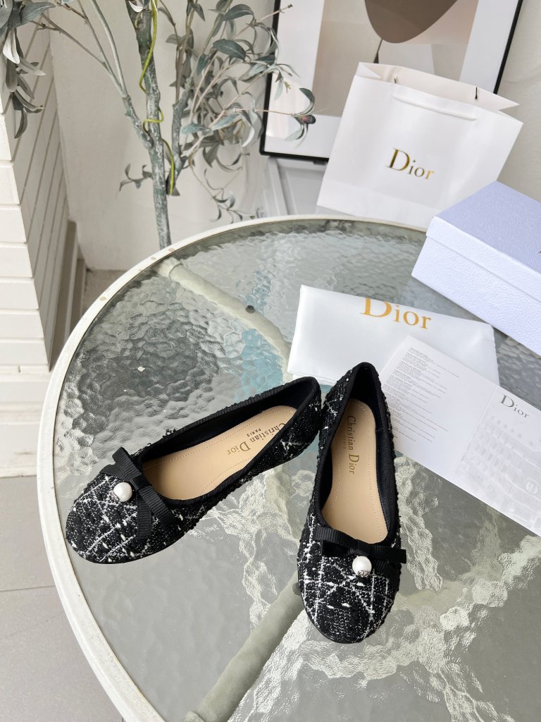 Dior J'Adior Ballet Black and White Tweed Cannage Flats