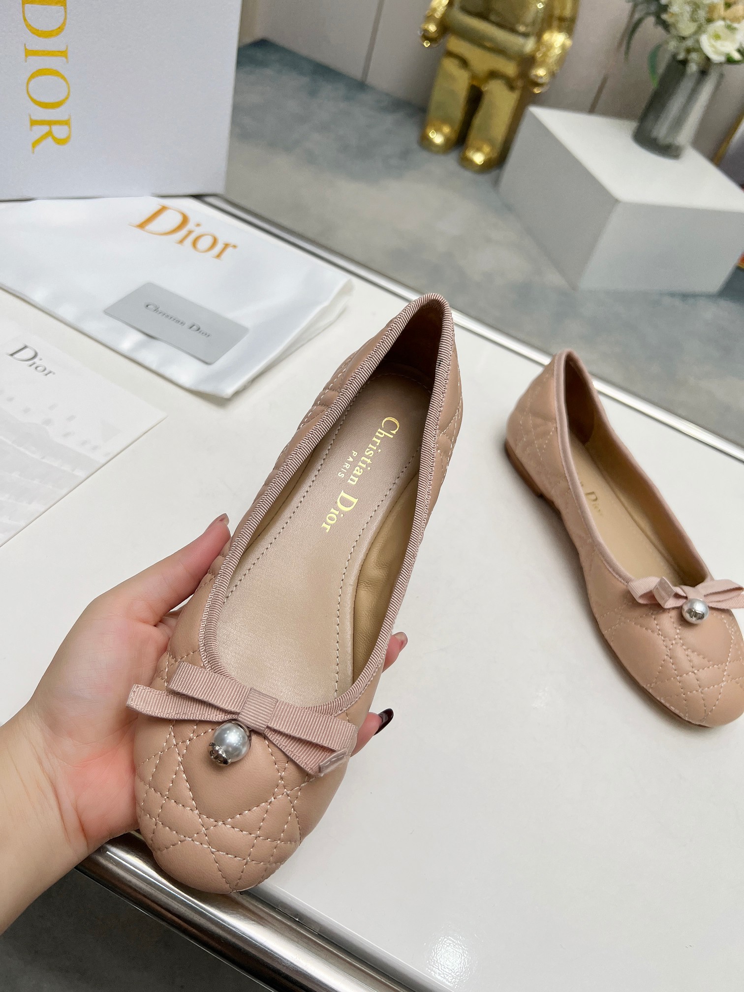 Dior J'Adior Ballet Nude Quilted Cannage Calfskin Flats - Image 8