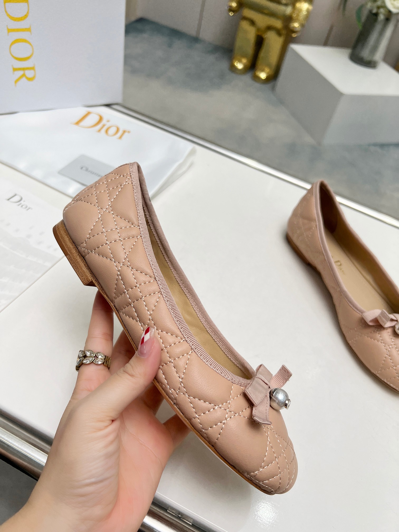 Dior J'Adior Ballet Nude Quilted Cannage Calfskin Flats - Image 7