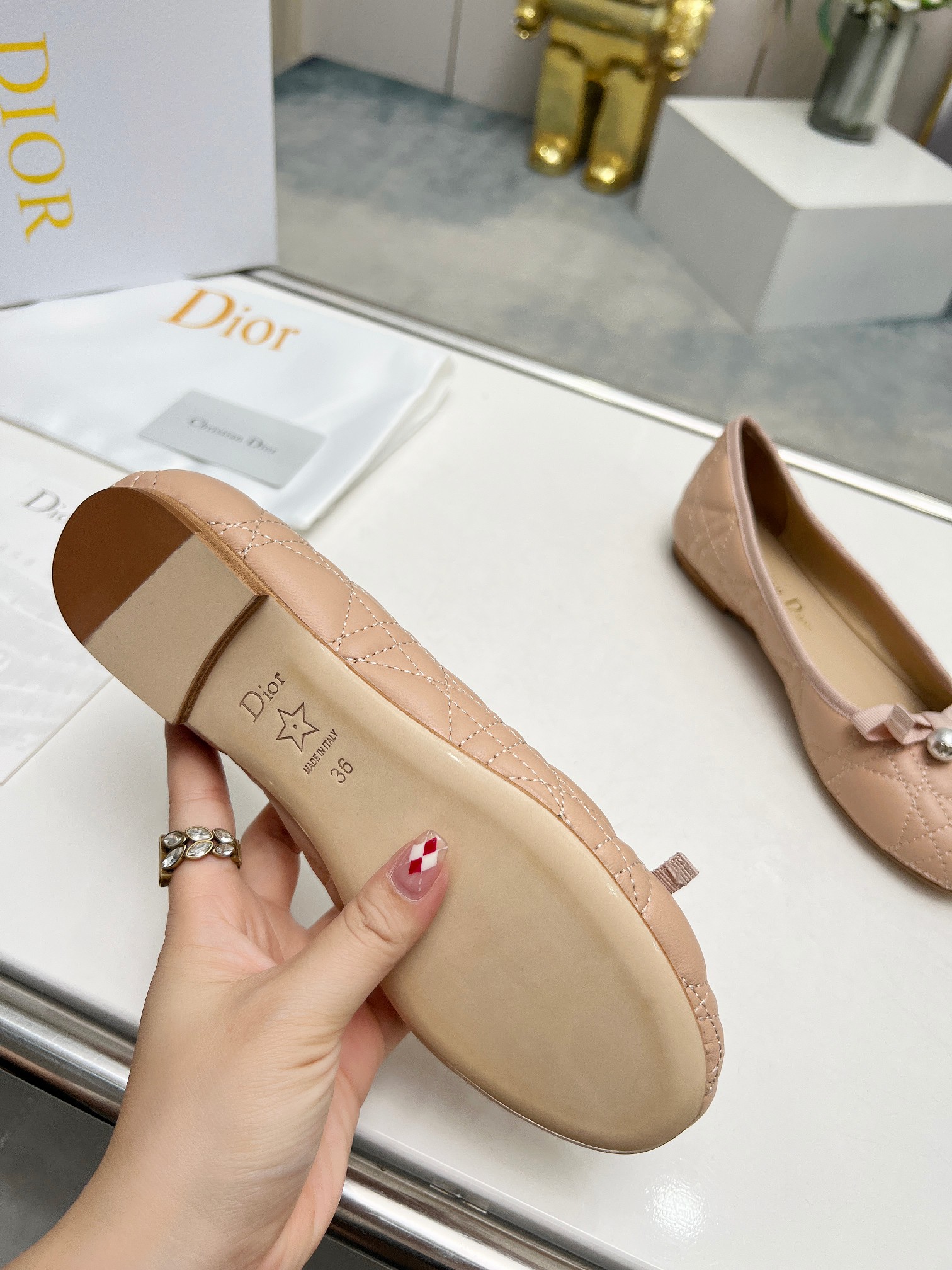 Dior J'Adior Ballet Nude Quilted Cannage Calfskin Flats - Image 6