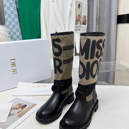 Dior D-Major Taupe Canvas and Black Leather Boots - 36