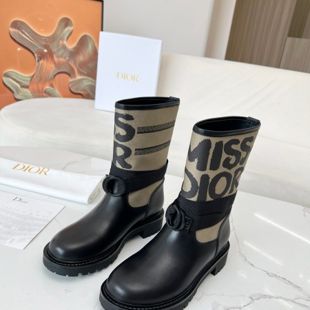 Dior D-Major Taupe Canvas and Black Leather Ankle Boots