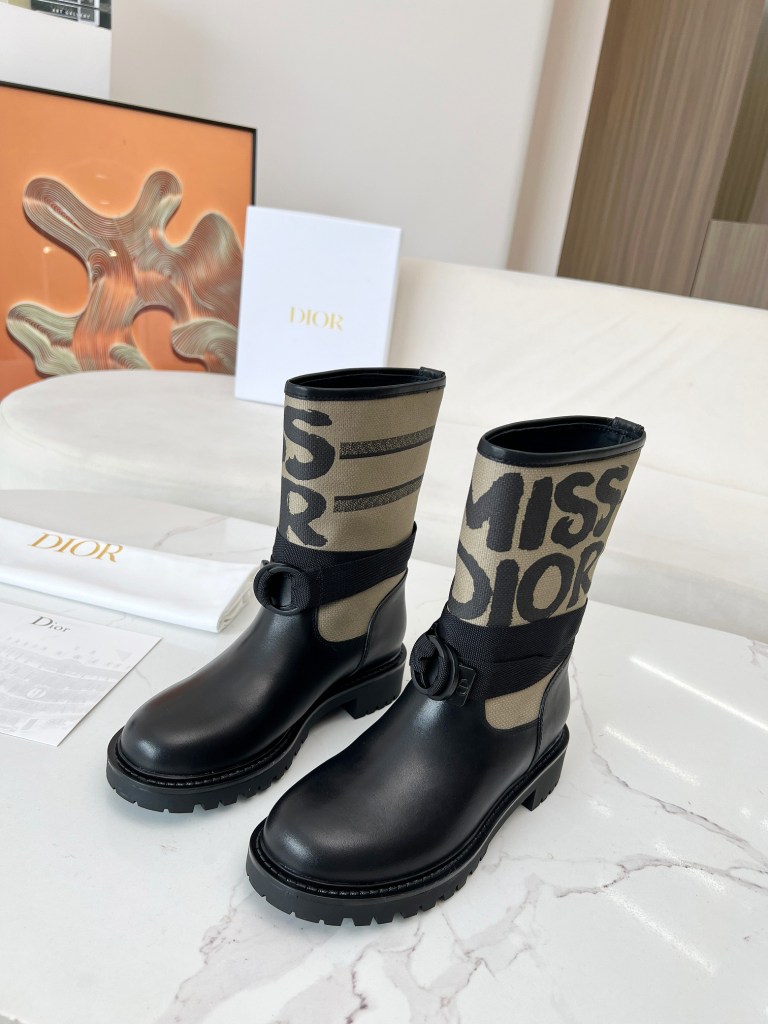 Dior D-Major Taupe Canvas and Black Leather Ankle Boots