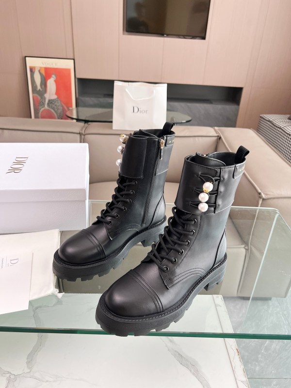 Dior D-Strike Ankle Black Matte Calfskin with Pearl Detailing Boots