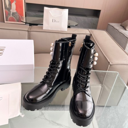 Dior D-Strike Ankle Black Patent Calfskin with Pearl Eyelets Boots
