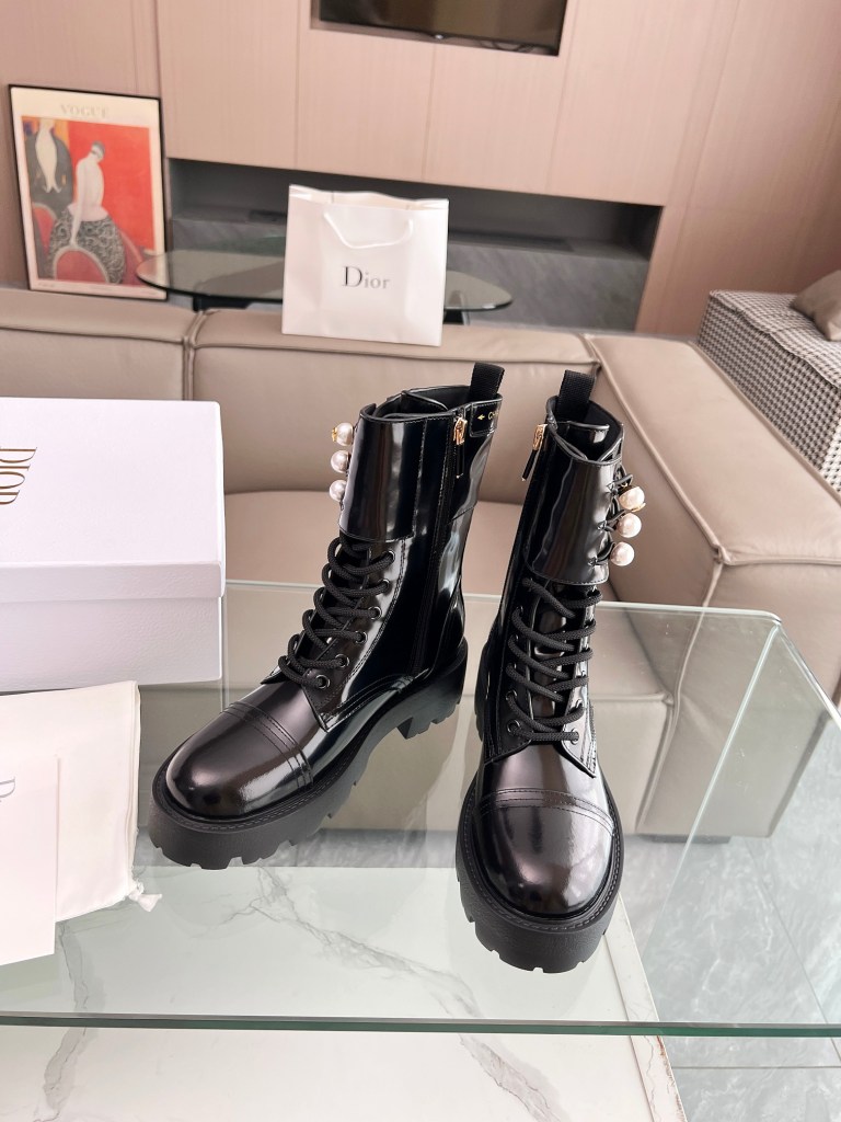 Dior D-Strike Ankle Black Patent Calfskin with Pearl Eyelets Boots