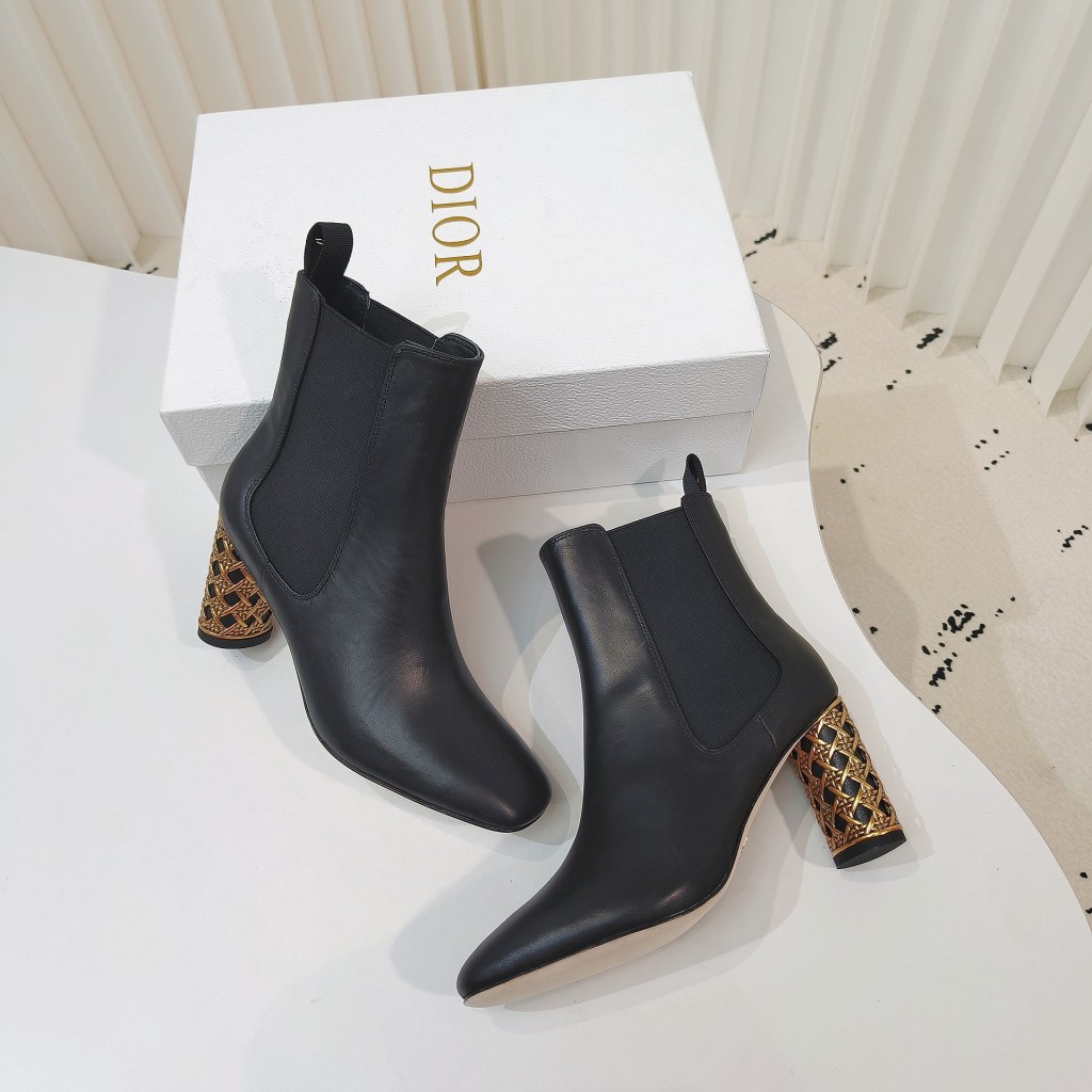 Dior Icon Black Leather High-Heeled Ankle with Gold Cage Heels