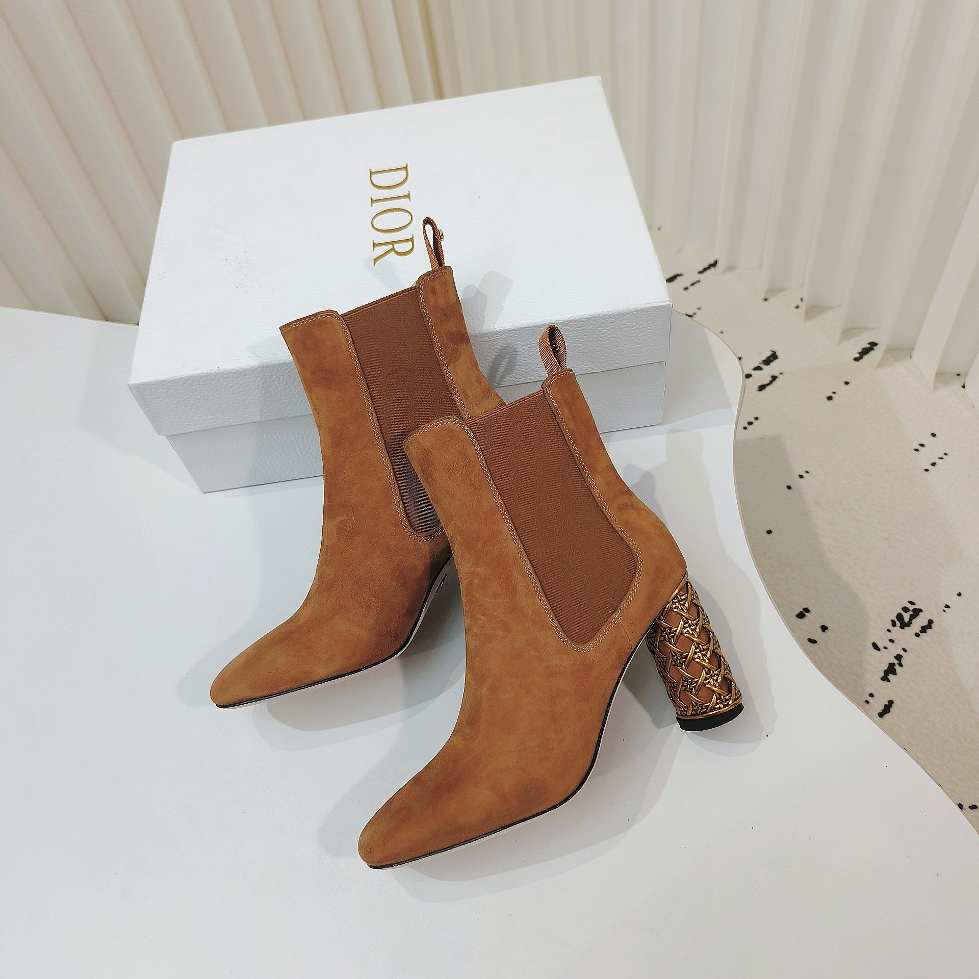 Dior Icon Brown Suede High-Heeled Ankle with Gold Cage Heels - Image 4