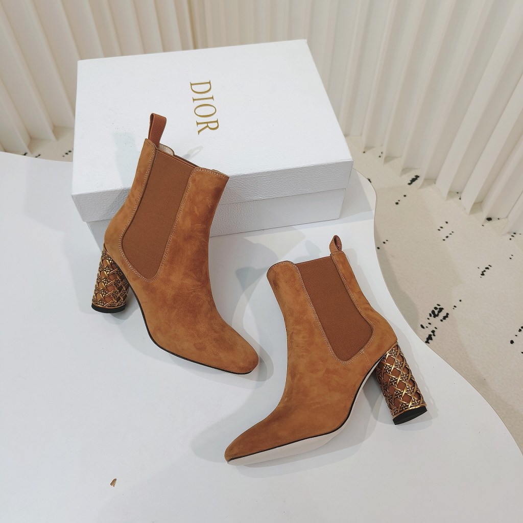 Dior Icon Brown Suede High-Heeled Ankle with Gold Cage Heels