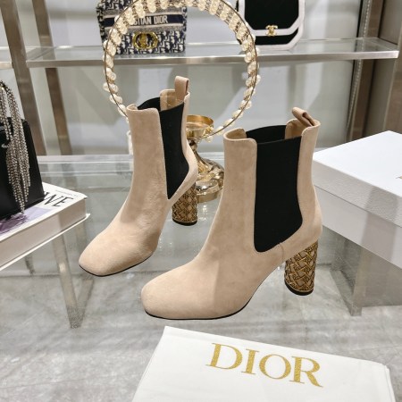 Dior Icon Beige Suede Ankle Boots with Gold Cage Heels
