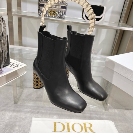 Dior Icon Black Leather Ankle Boots with Gold Cage Heels