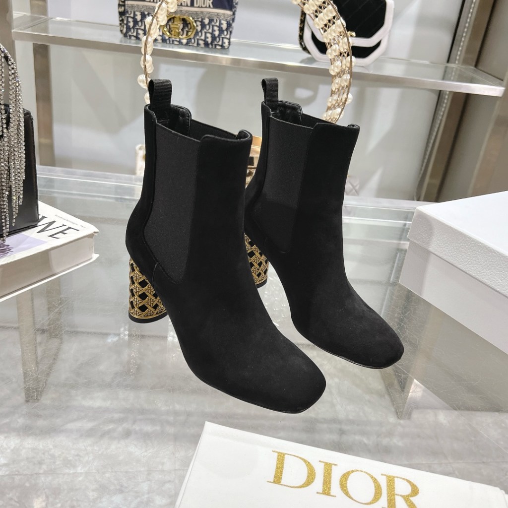 Dior Icon Black Suede Ankle Boots with Gold Cage Heels