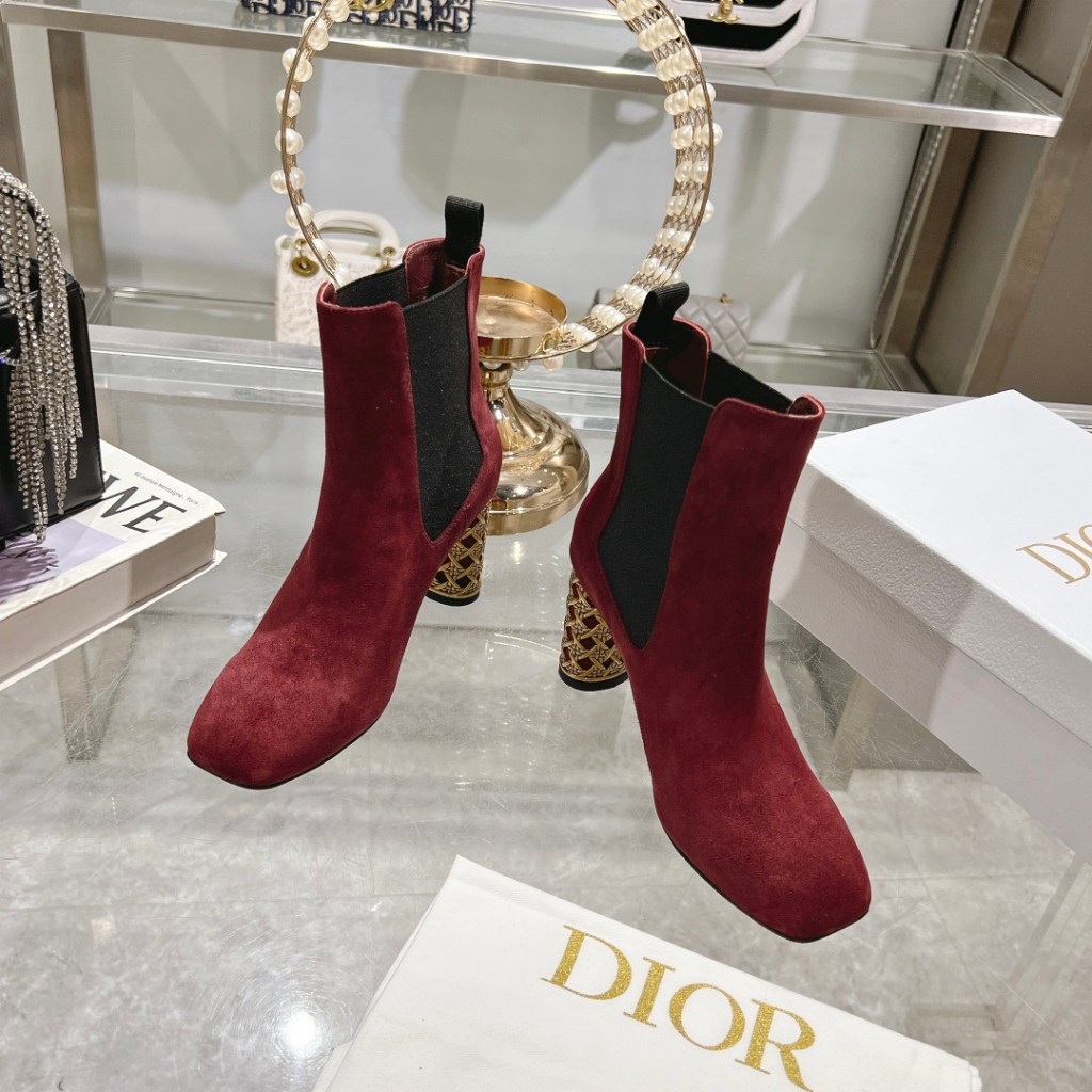 Dior Icon Red Suede Ankle Boots with Gold Cage Heels