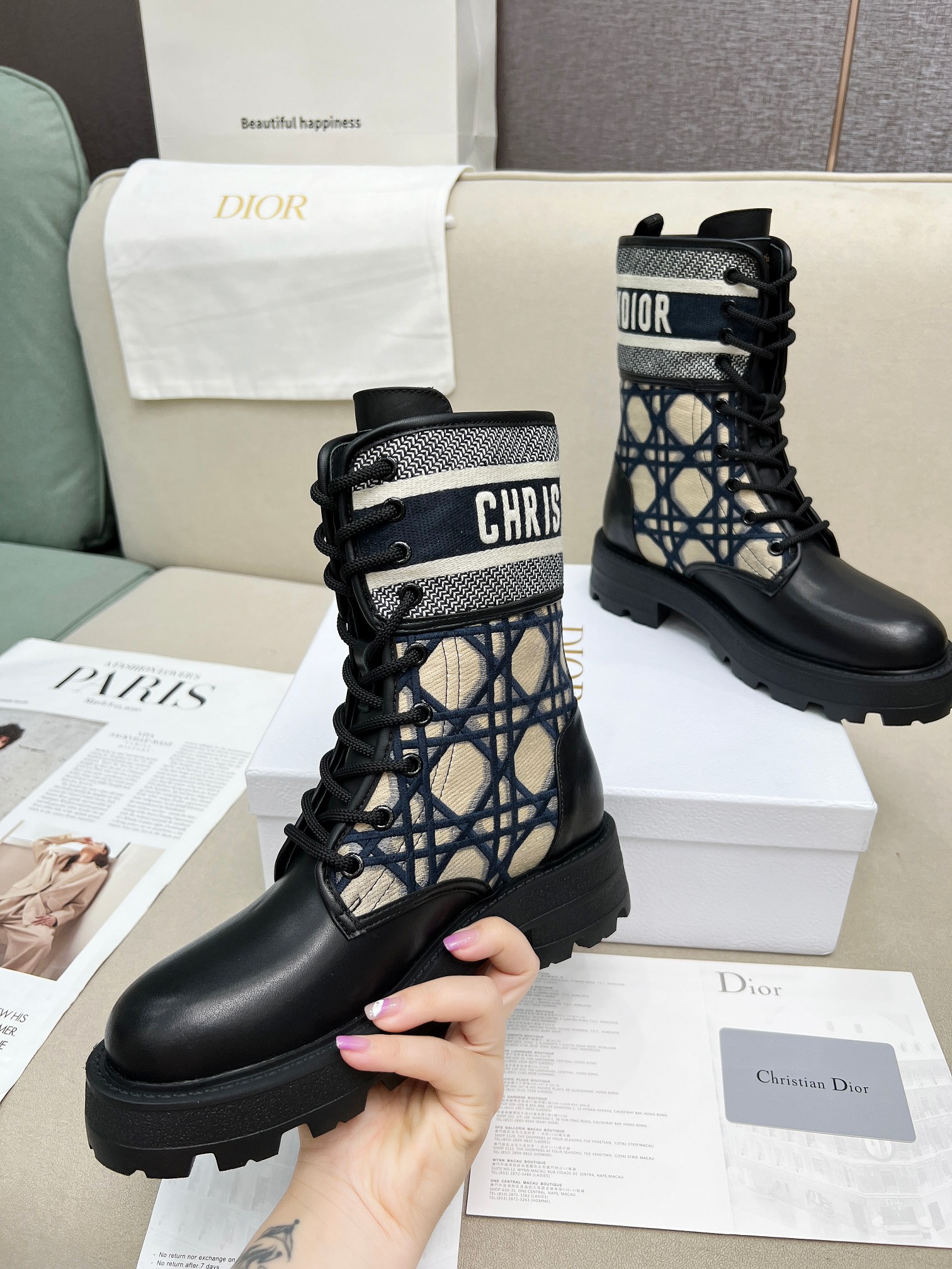 Dior D-Major Ankle Navy Blue Embroidered Mesh and Black Calfskin Boots - Image 5