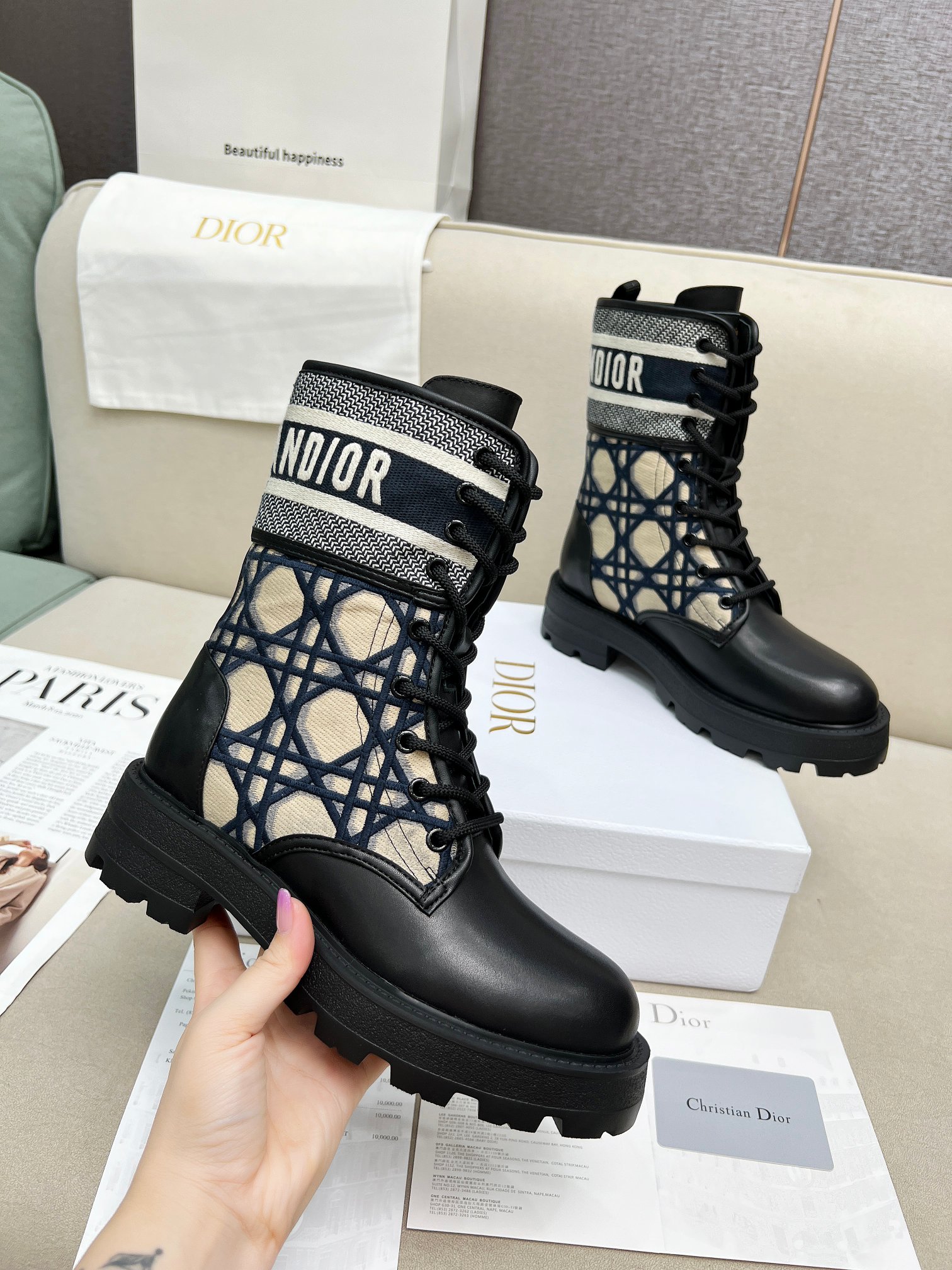 Dior D-Major Ankle Navy Blue Embroidered Mesh and Black Calfskin Boots - Image 9