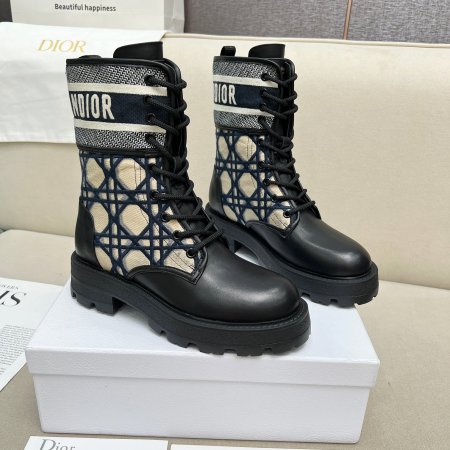 Dior D-Major Ankle  Navy Blue Embroidered Mesh and Black Calfskin Boots