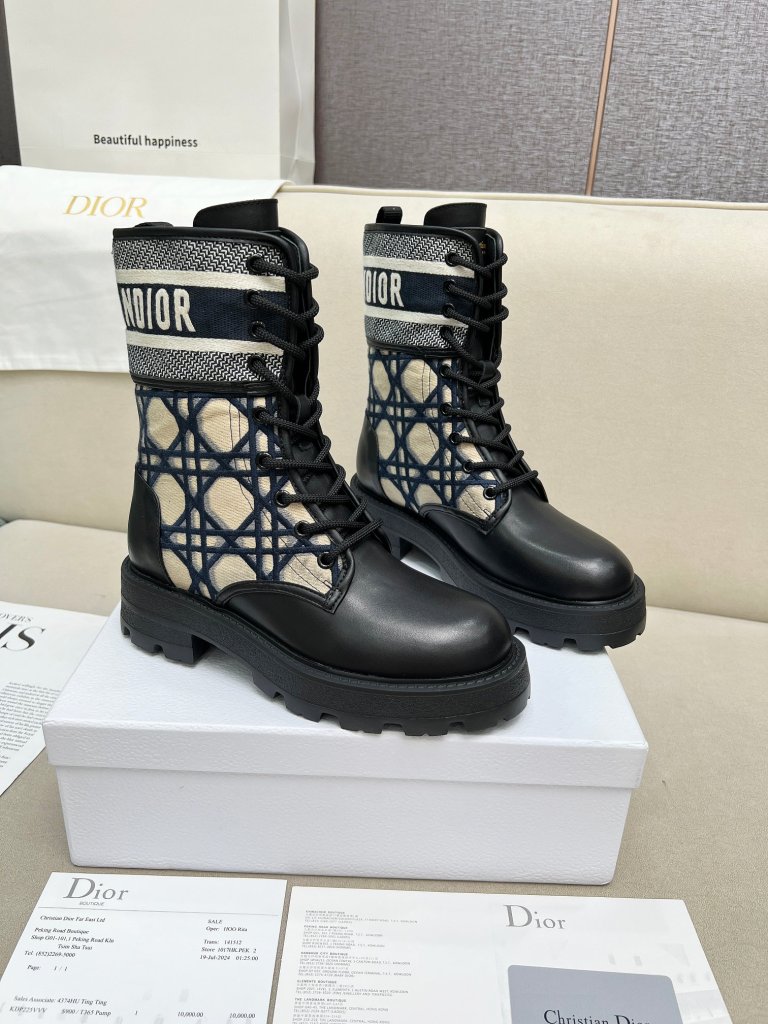 Dior D-Major Ankle  Navy Blue Embroidered Mesh and Black Calfskin Boots