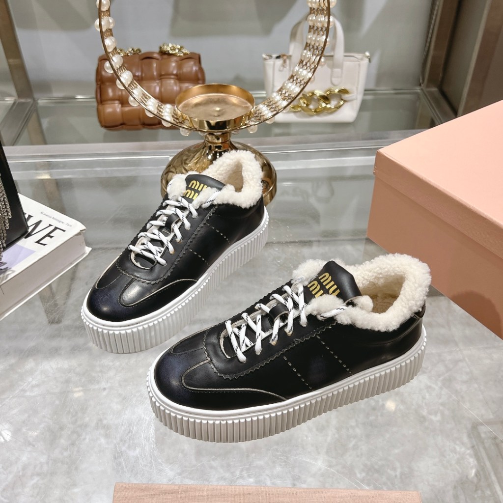 Miu Miu Black Leather Shearling-Lined Platform Sneakers