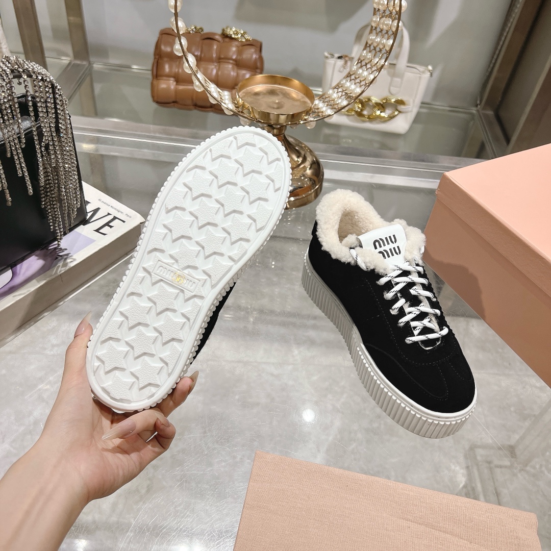 Miu Miu Black Suede Shearling-Lined Platform Sneakers - Image 2