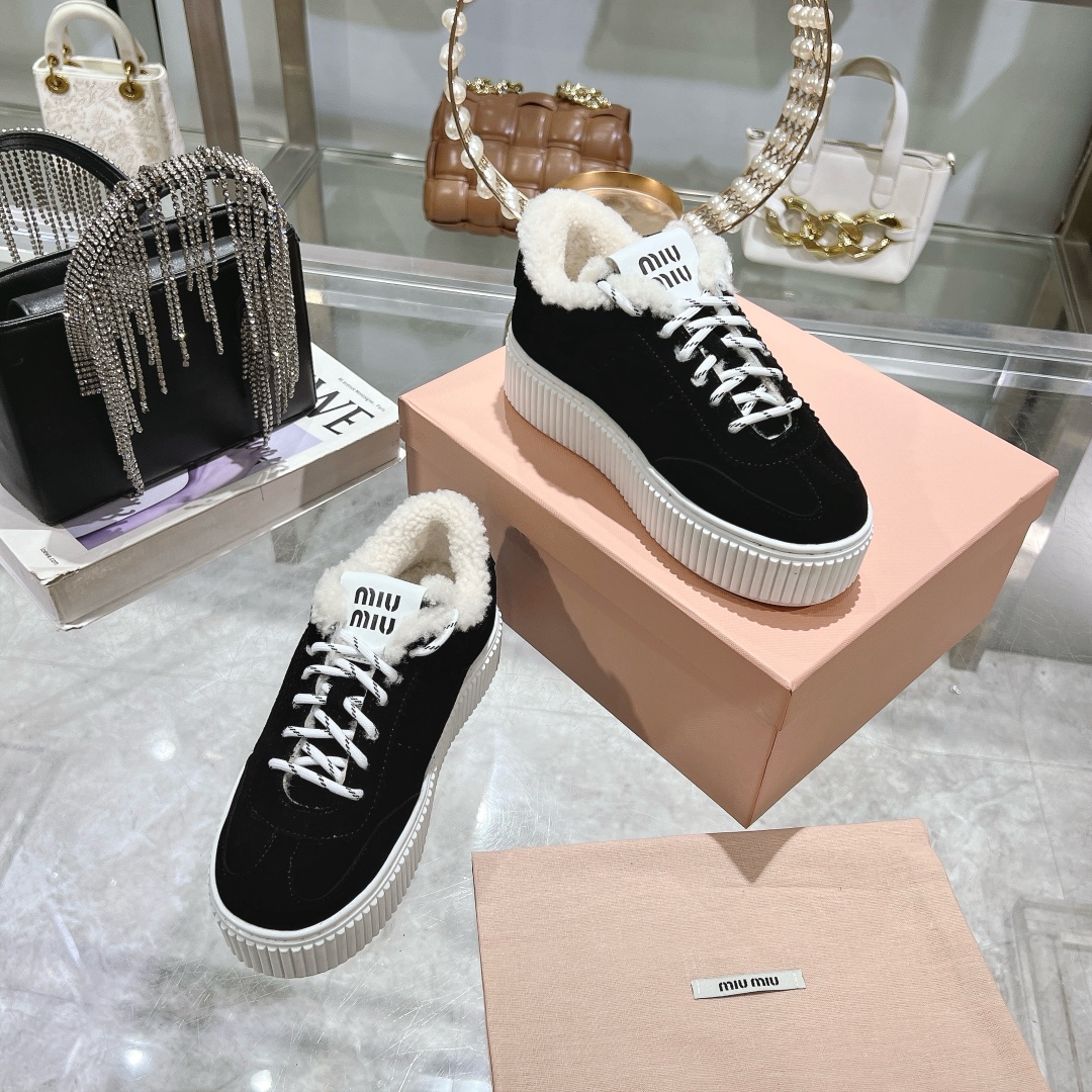 Miu Miu Black Suede Shearling-Lined Platform Sneakers