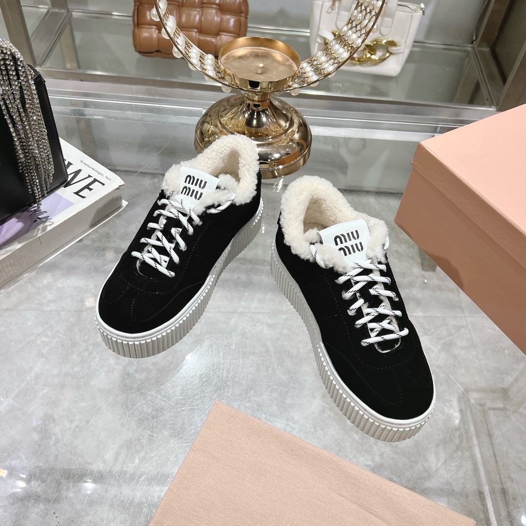 Miu Miu Black Suede Shearling-Lined Platform Sneakers - Image 9