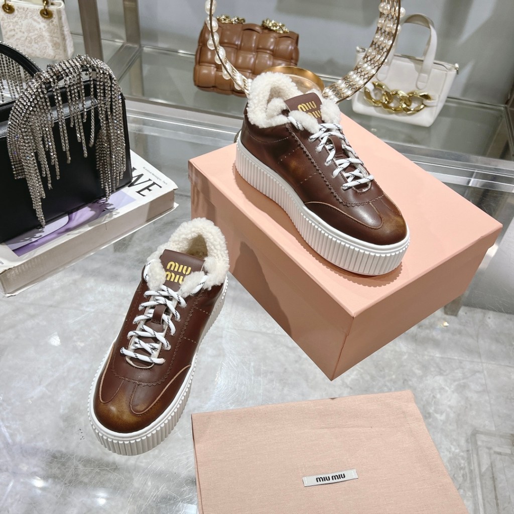 Miu Miu Brown Leather Shearling-Lined Platform Sneakers