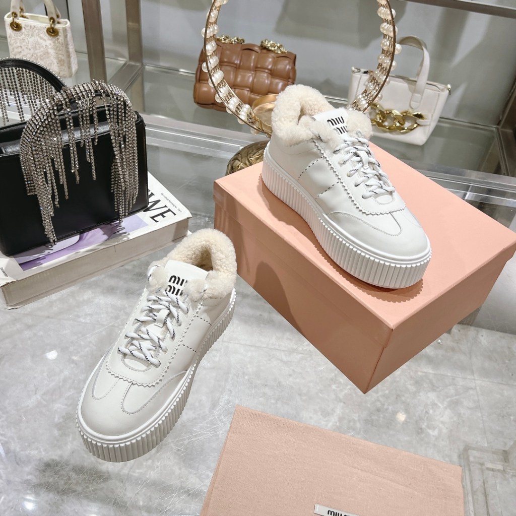 Miu Miu White Leather Shearling-Lined Platform Sneakers