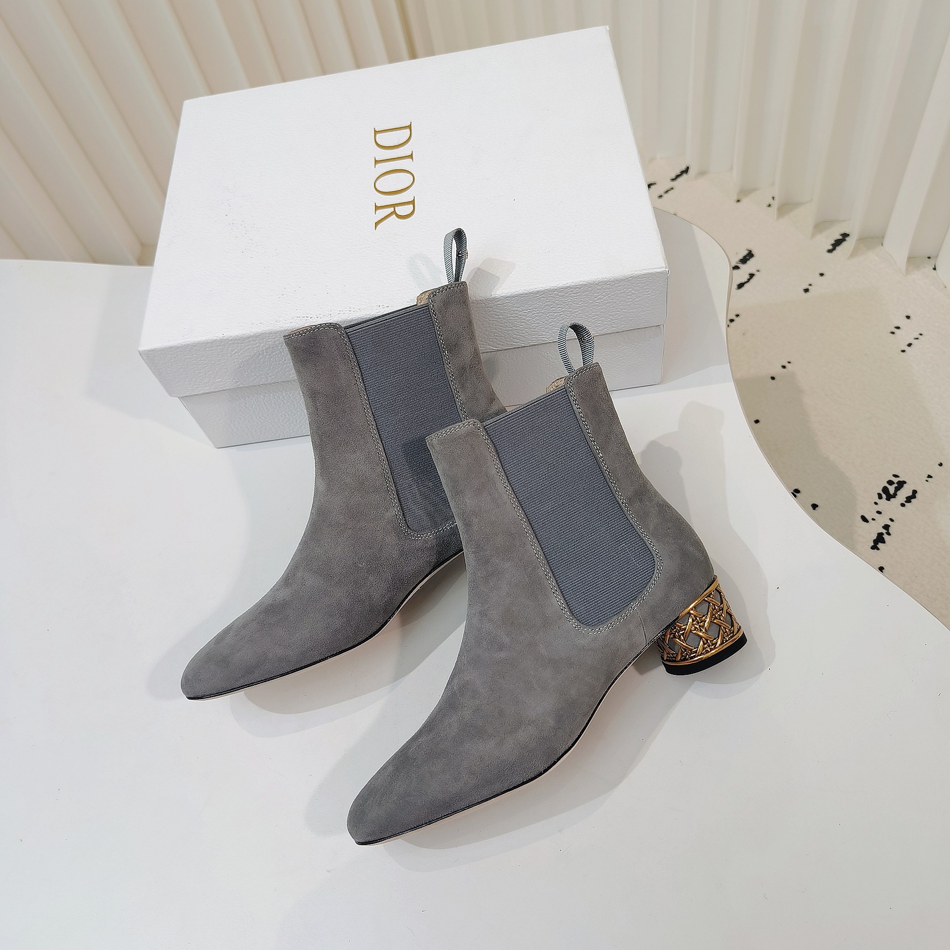 Dior Icon Grey Suede Ankle Boots with Gold Cage Heels - Image 7
