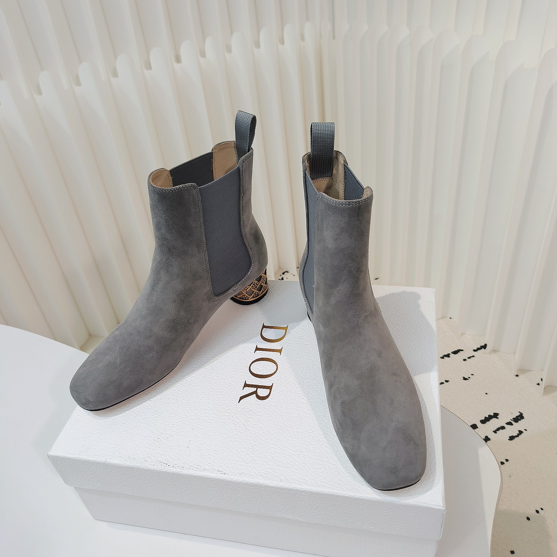 Dior Icon Grey Suede Ankle Boots with Gold Cage Heels - Image 5